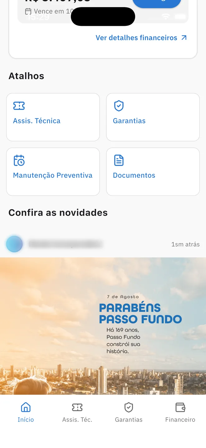 Feed de novidades da construtora no app, com atalhos de serviços
