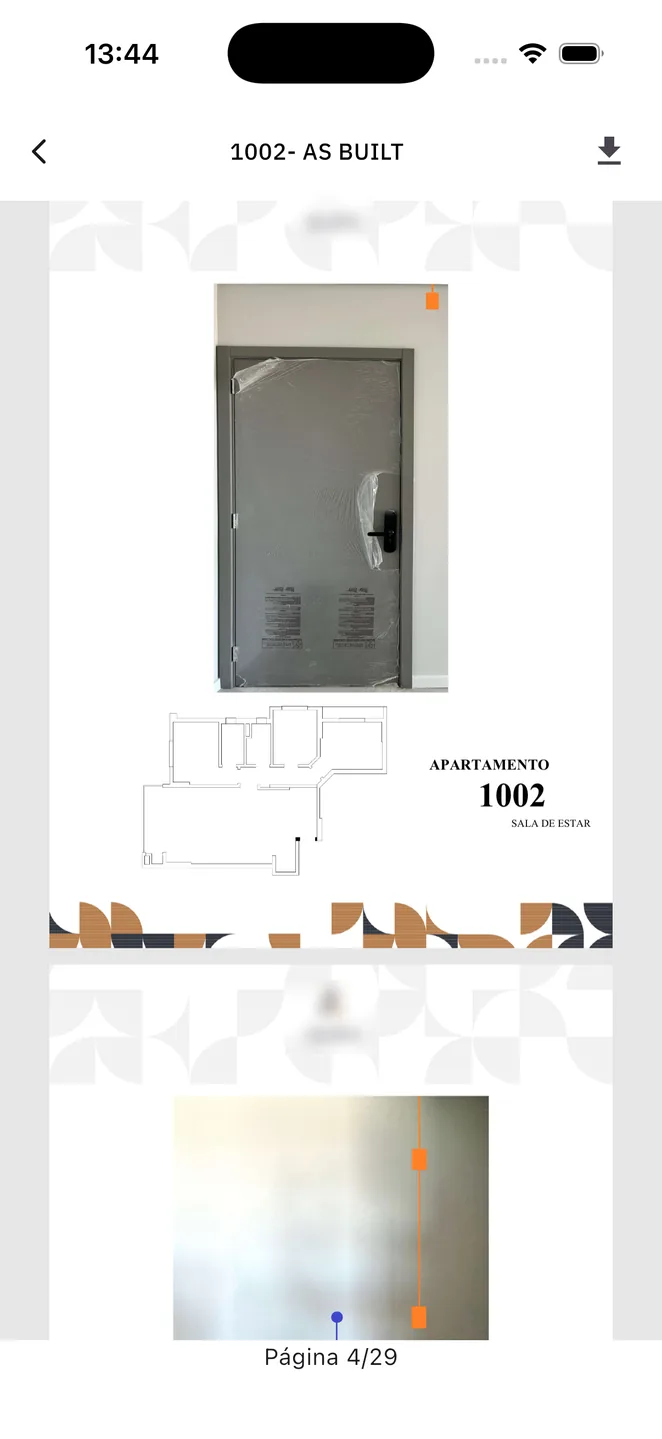 Documento aberto dentro do app: planta as built do apartamento com foto da entrega