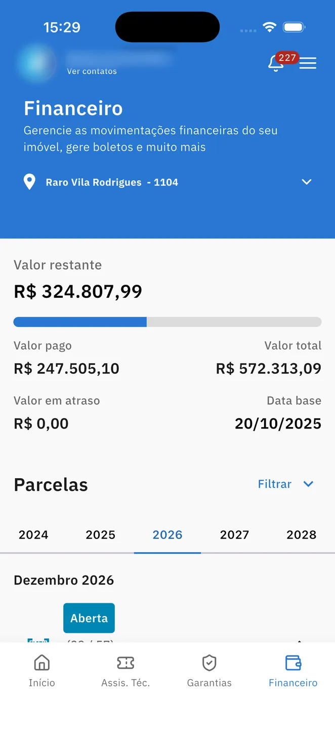 Tela de financeiro do app: parcelas, valores pagos e boletos