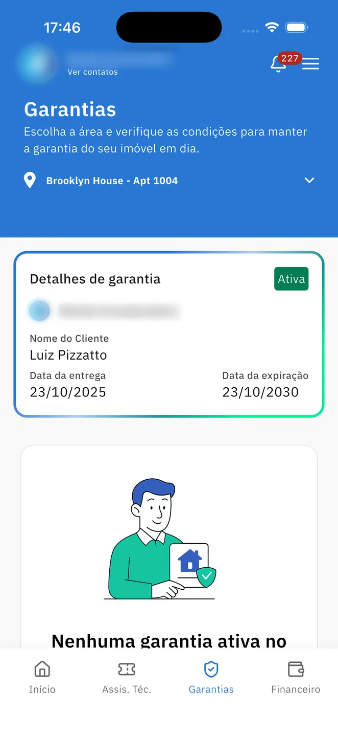 Tela de garantias no app, com garantia ativa e prazo de expiração