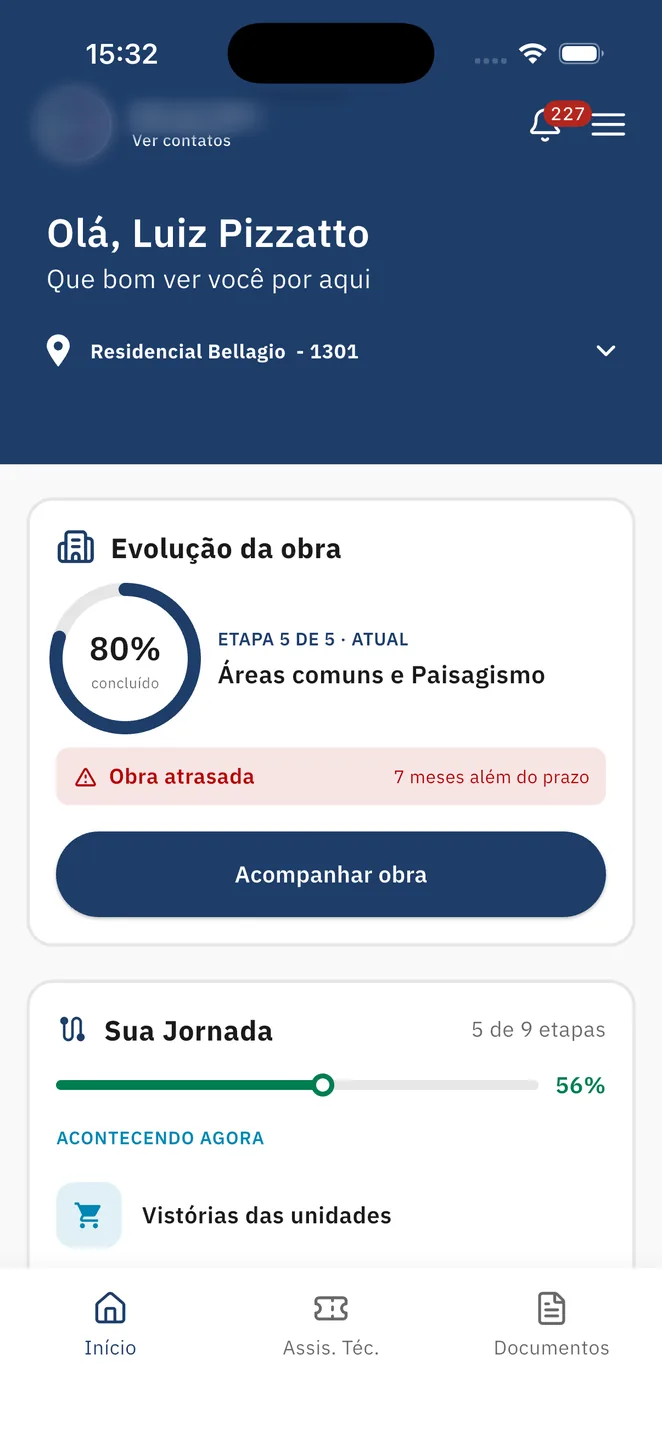 Home do app Hub House: saudação ao cliente, evolução da obra e jornada